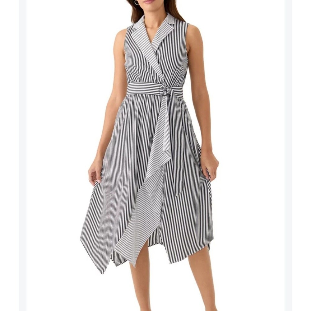 Anne KleinWomen's Sleeveless Striped Shirt Midi Dress Black White Size 16w NWT